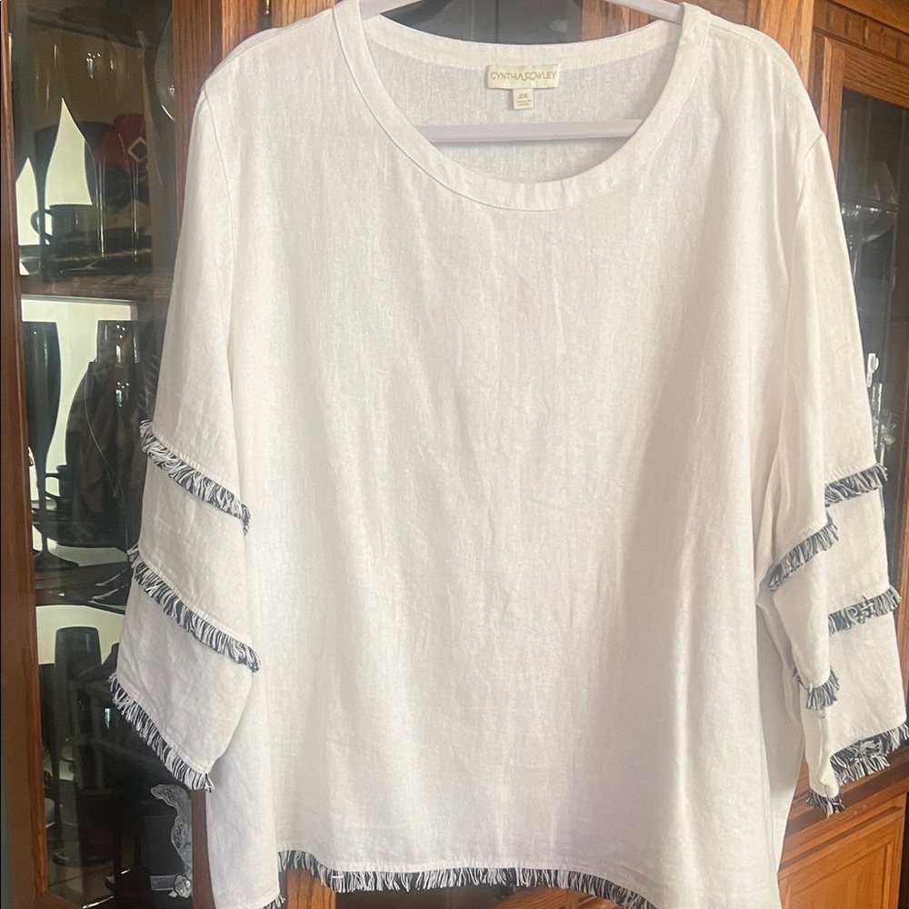 Cynthia Rowley White Blouse with Black Fringe Accents